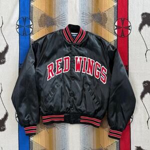 Vintage 90s Detroit Red Wings Bomber Satin Jacket Size XL Black Red Hockey NHL